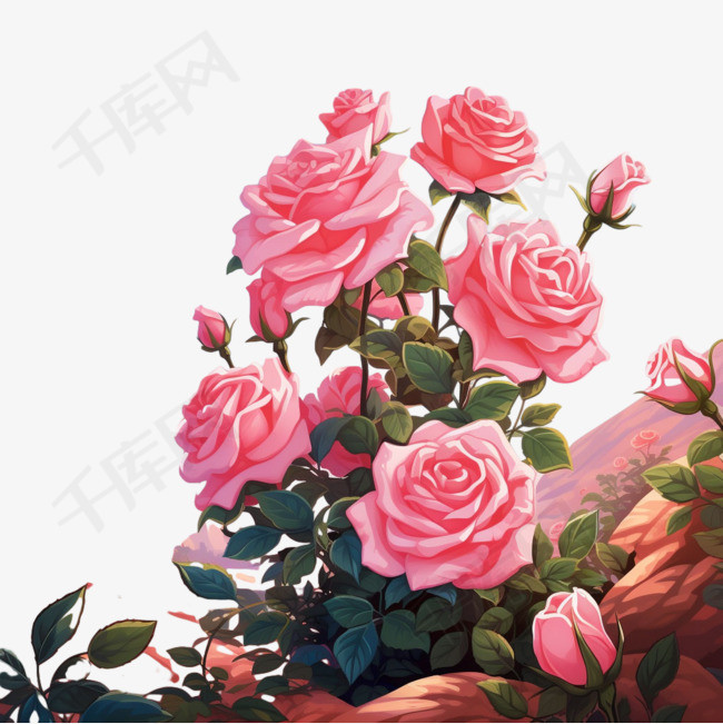 粉色玫瑰花元素立体免抠图案