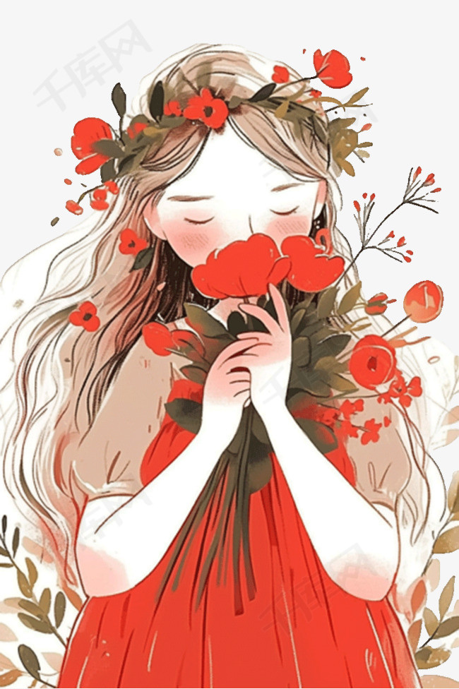 花朵女孩手绘插画元素免抠