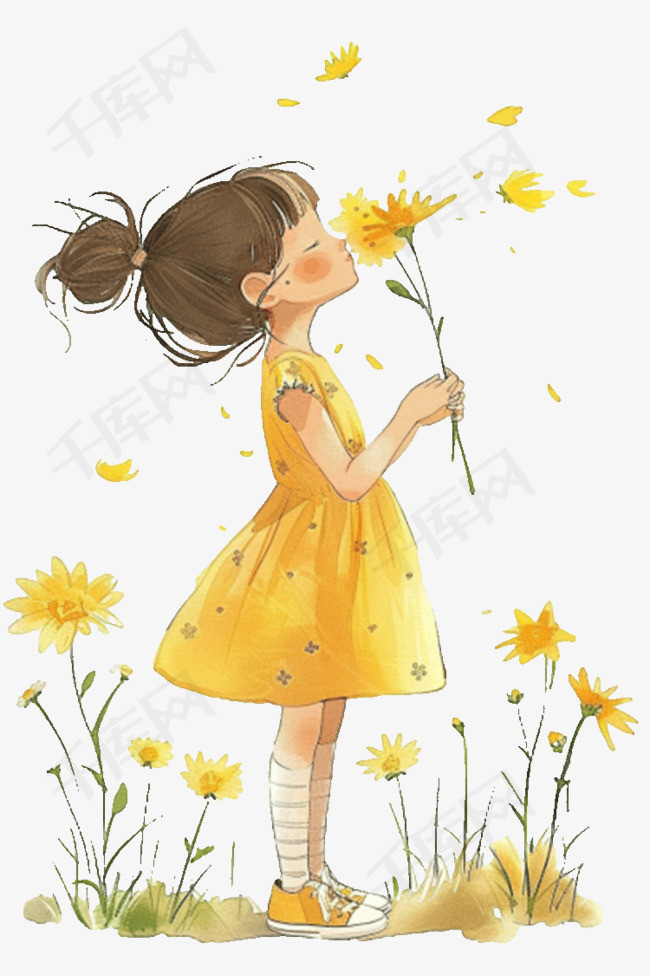 手绘女孩黄色花朵免抠元素