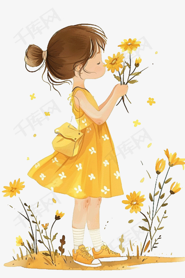 黄色花朵手绘免抠元素女孩