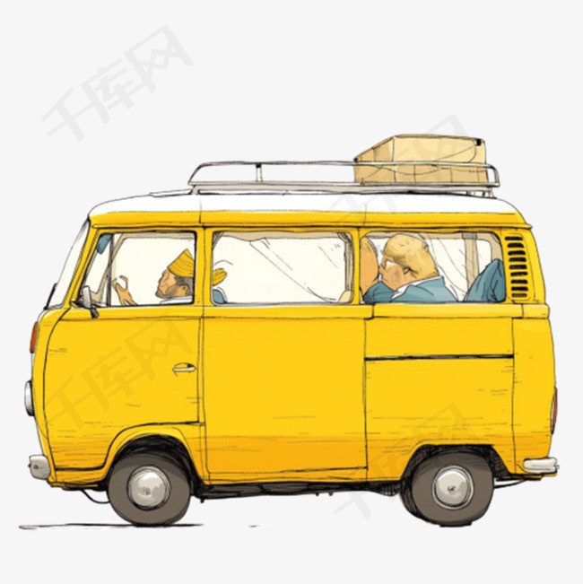 黄色面包车插画手绘免抠元素