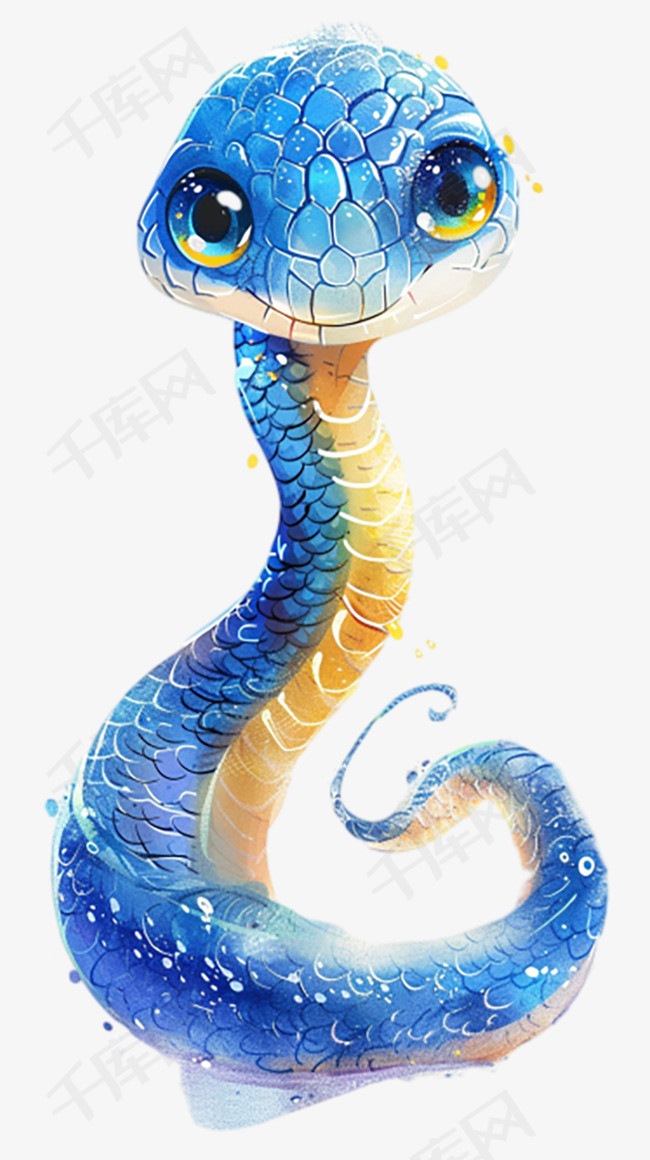国风蛇年蓝色水彩卡通蛇免抠素材