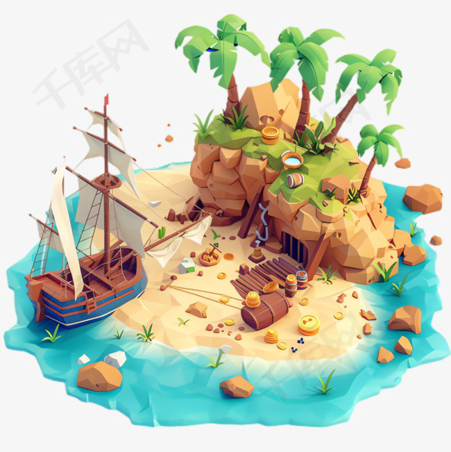 ai绘画夏日海岛元素立体免抠图案