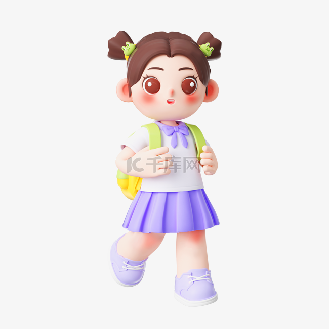 3D立体开学开学季儿童小学生女孩人物背书包小女孩素材图片免费下载-千库网