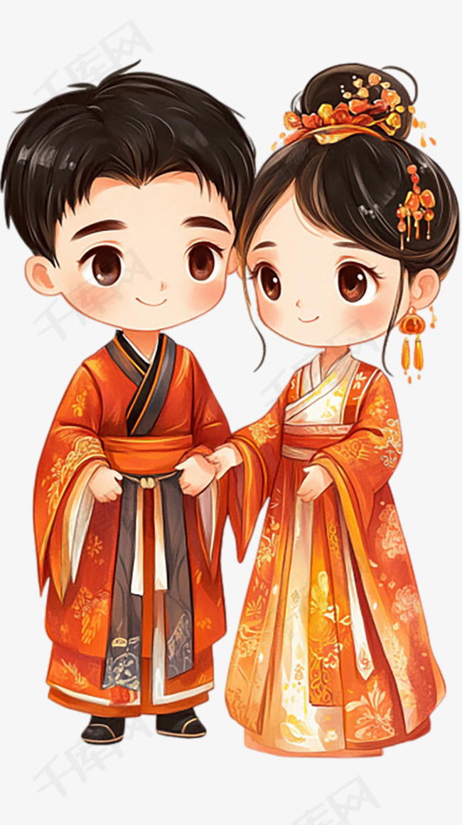 七夕古风古代汉服情侣q版卡通情侣免抠元素素材图片免费下载-千库网