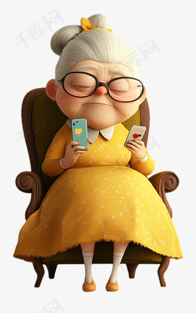 重阳节卡通可爱玩手机的老人免抠