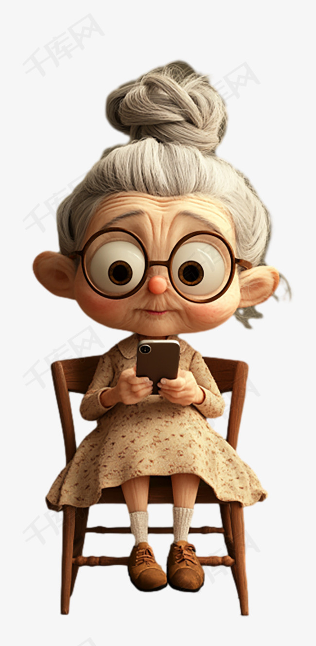 重阳节可爱卡通3d玩手机的老人