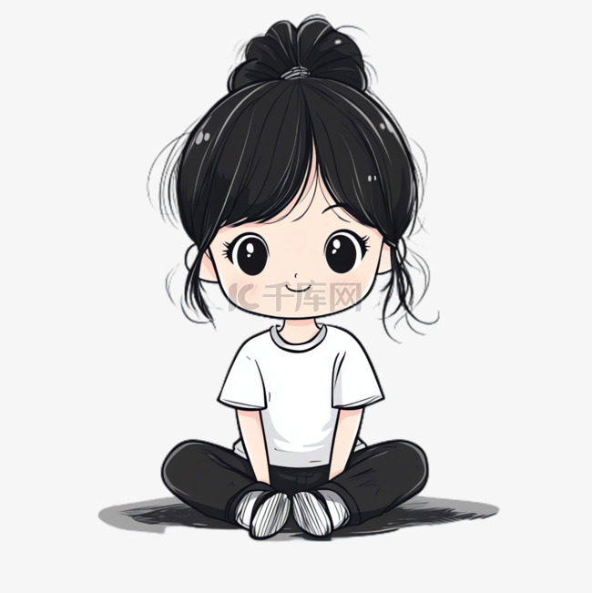 盘坐马尾女孩装饰元素立体免抠图案免抠图片是千库网设计师制作的卡通