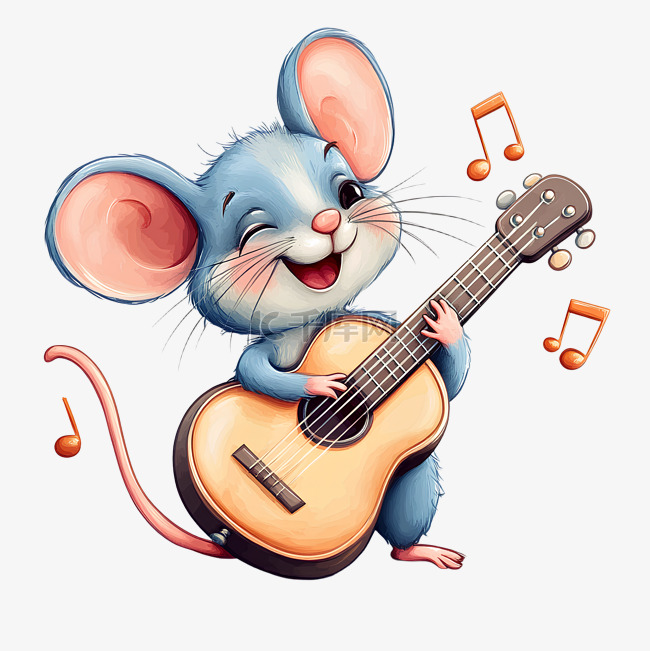 鼠弹音乐可爱老鼠动物弹吉他乐器免抠图片是千库网设计师制作的卡通