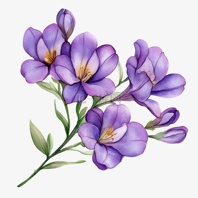 紫色小苍兰花水彩插图