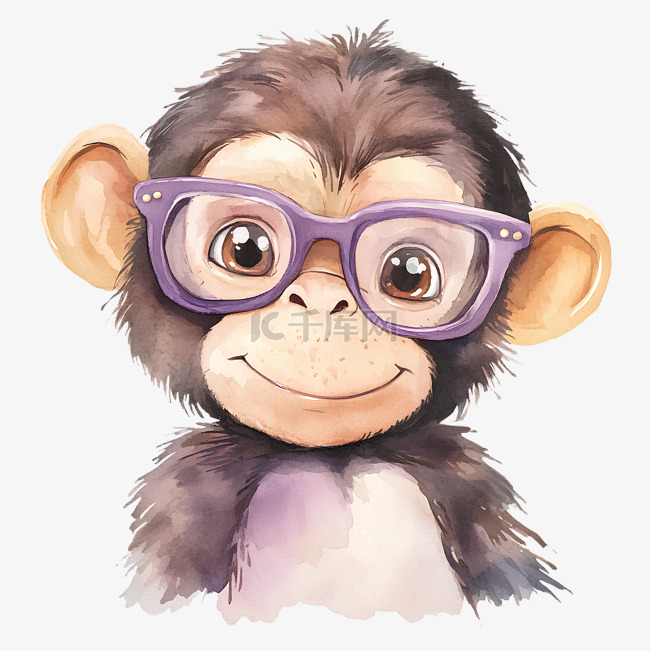 可爱水彩书呆子野生猴子动物戴眼镜卡通画素材图片