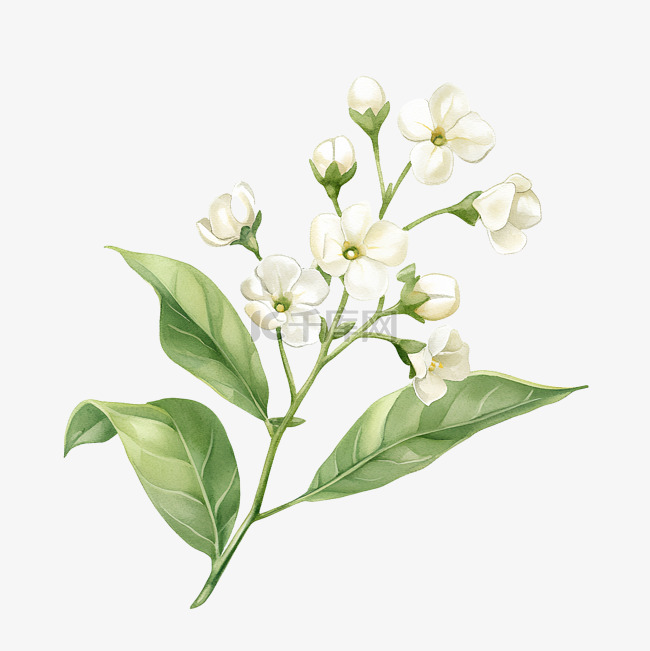 装饰性茉莉花蕾和花朵正面的水彩