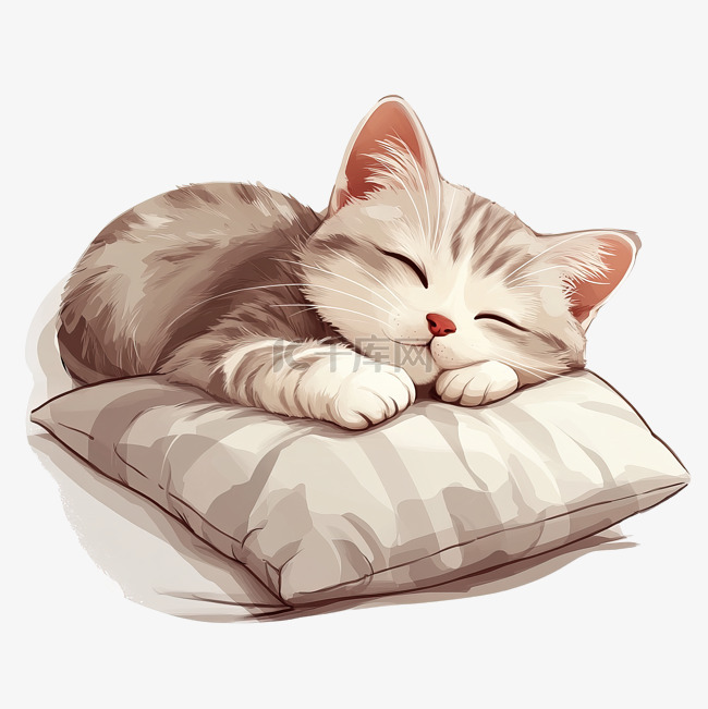 可爱的猫咪正在枕头上睡觉免抠图片是千库网设计师制作的卡通手绘png
