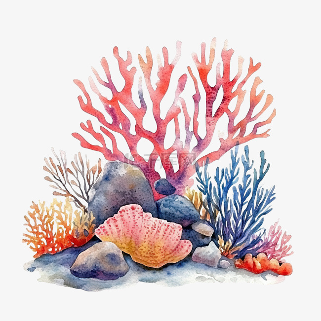 珊瑚和岩石水彩画