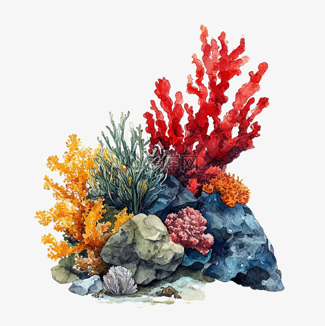 珊瑚和岩石水彩画