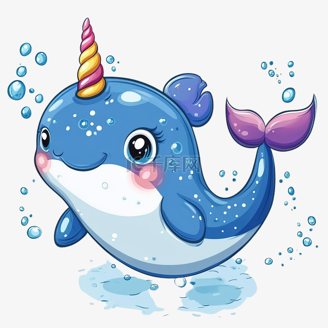 可爱的卡通海洋动物独角兽鲸鱼角