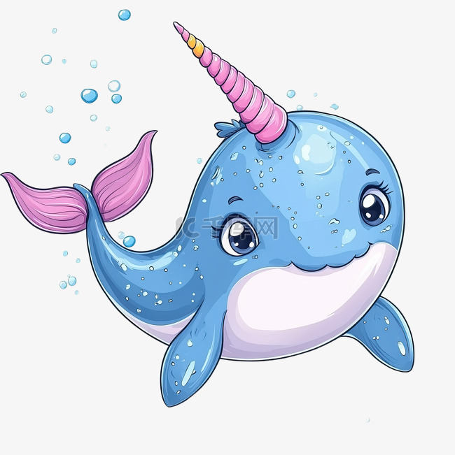 可爱的卡通海洋动物独角兽鲸鱼角