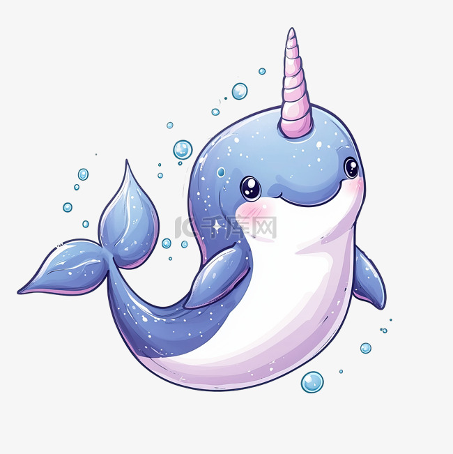 可爱的卡通海洋动物独角兽鲸鱼角