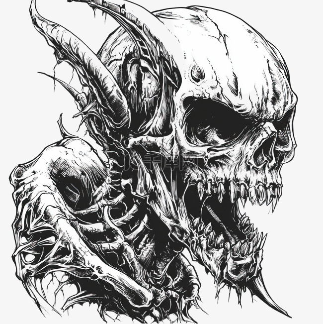 恶魔骷髅切片的线条艺术插图