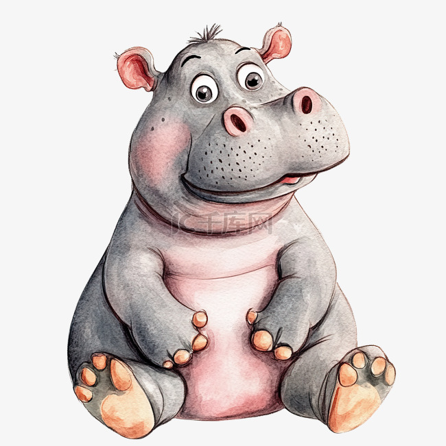 带有河马的卡通动物水彩插图