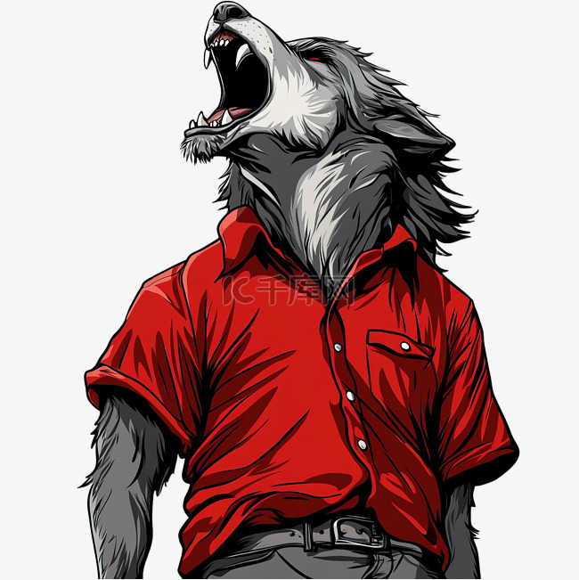 带有红色衬衫插图的嚎叫卡通狼人