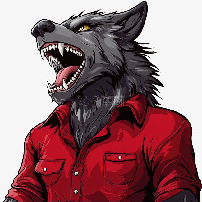 带有红色衬衫插图的嚎叫卡通狼人