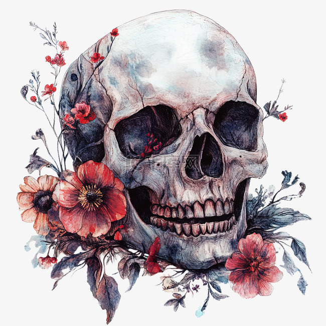 骷髅与花朵黑暗而神秘的艺术品