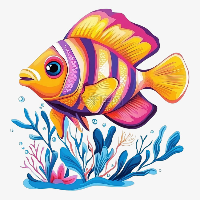 加入卡通鱼游泳草睁大眼睛艺术设计颜色,aigc,ai作品,ai绘画等设计