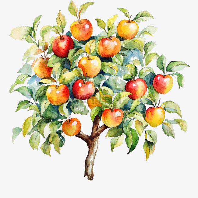 苹果树上的水果水彩画免抠图片是千库网设计师制作的卡通手绘png素材
