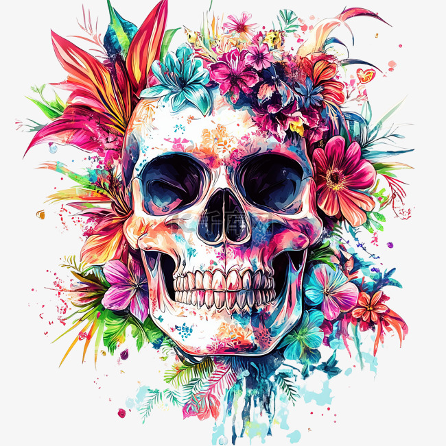 充满活力的骷髅与花卉元素