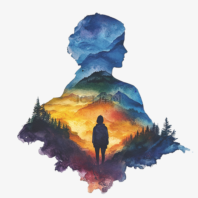 山水人物彩色水彩画