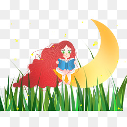 坐在月亮上看书的女孩