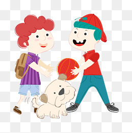 两个逗狗狗的小男孩