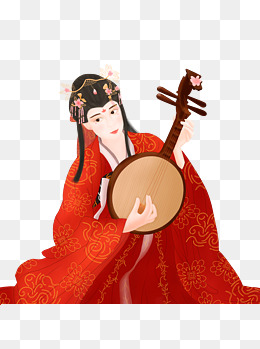 手绘卡通弹奏阮的红衣古典古装美女