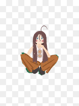 坐在地上思考的女生卡通元素