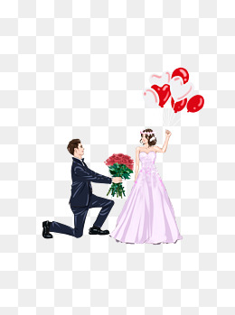 手拿玫瑰的新郎向手拿气球的新娘求婚元素