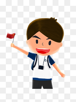 手绘卡通挥动国旗加油呐喊的小男孩