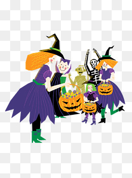 手绘卡通万圣节搞怪装扮女巫骷髅怪和南瓜灯可商用元素