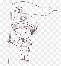 手绘线描军人党旗插画