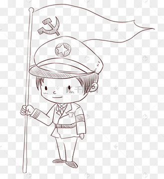 手绘线描军人党旗插画