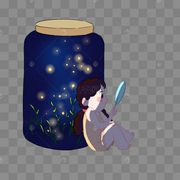 夏日萤火虫孤独少女手绘卡通