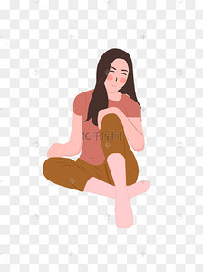 手绘卡通女孩盘腿坐元素