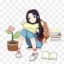 开学季主题长发女学生卡通人物下载 png下载psd校园系列校服卡通手绘