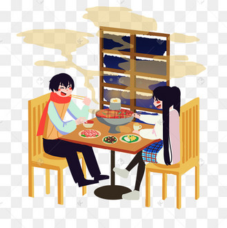 卡通手绘情侣吃火锅插画