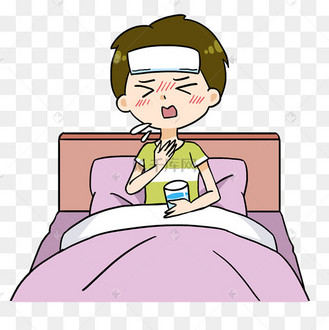 手绘卡通男孩在床上咳嗽免抠