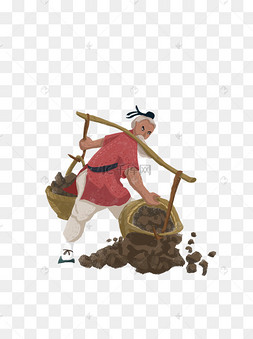 手绘古代挑肥料的老爷爷