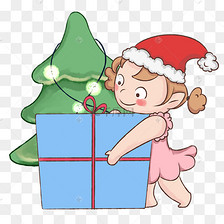 圣诞节小女孩拆礼物圣诞树手绘插画