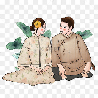 民国复古情侣爱人谈心卡通插画