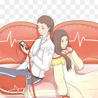 卡通小情侣坐在沙发上面听音乐