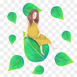 简约树叶和女孩插画海报免抠元素